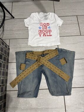 Title: NWT Y2K Jeans w/ Attached Grommet Utility Belt + Crop Graphic Tee